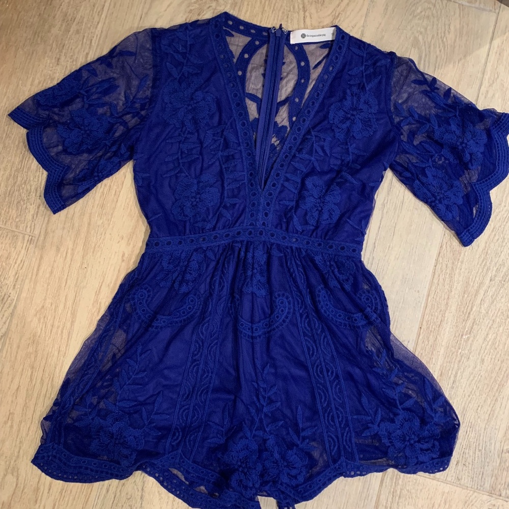 Impeccable Pig Blue overlay lace romper